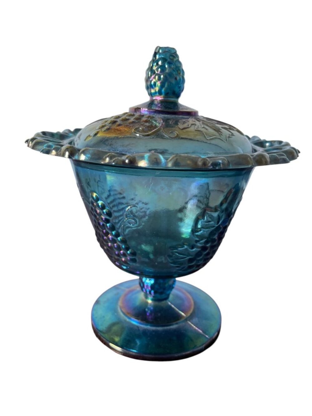 Vintage Indiana Glass Blue Carnival Glass Pedestal Candy Dish with Lid – Harvest